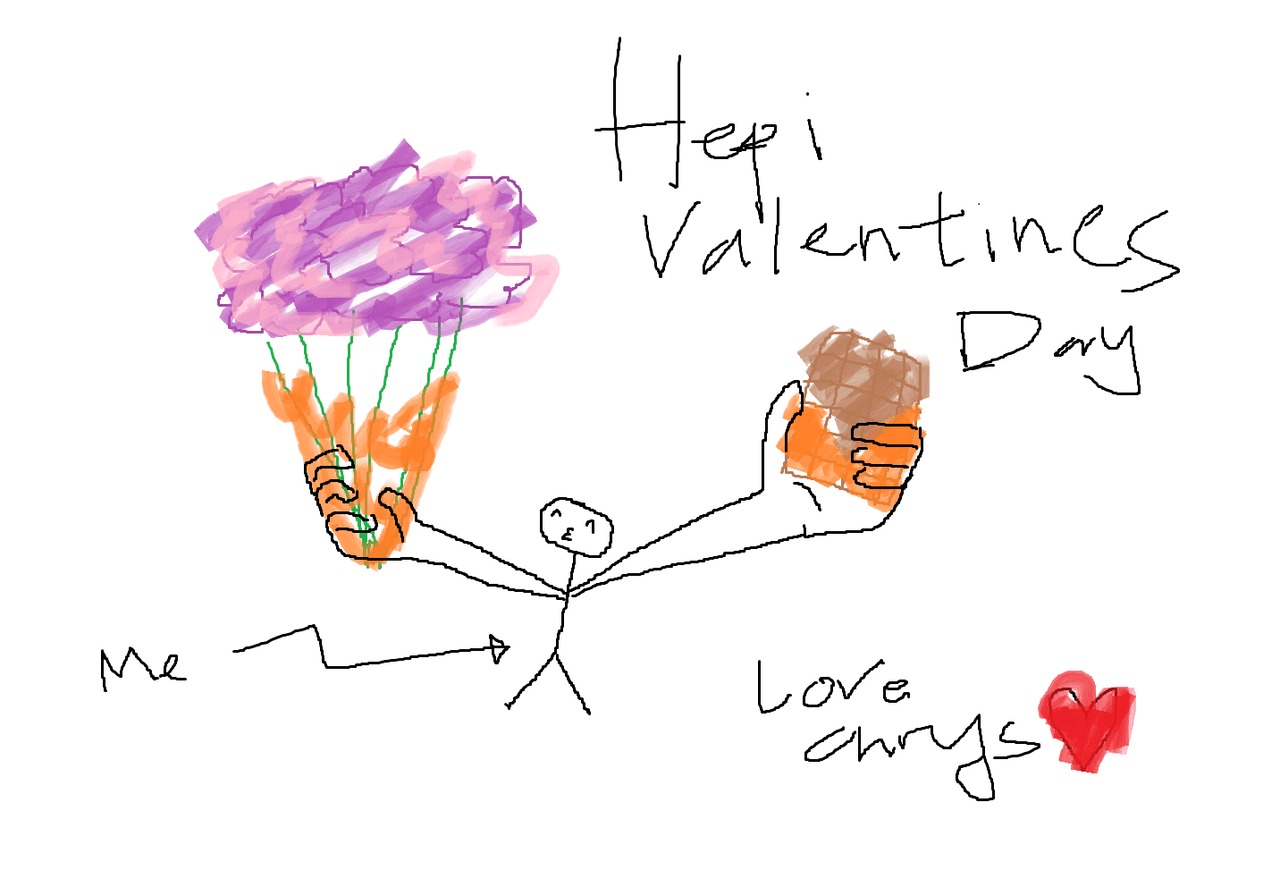 silly drawing of me holding flowers and chocolate